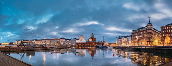 Helsinki, Finland. Panoramic View Of Pier, Embankment On Kanavar - Stock Photo - Images
