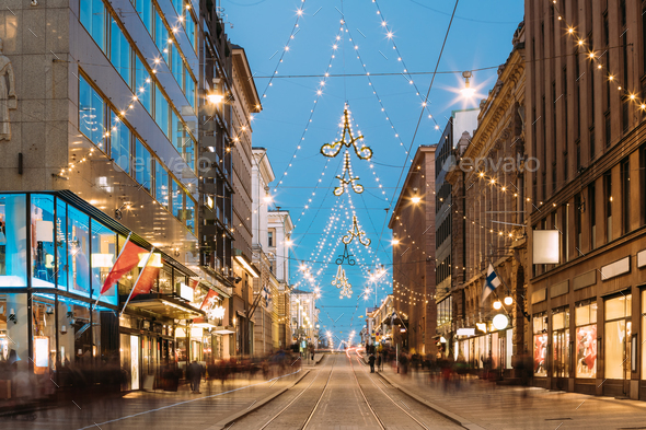 Helsinki, Finland. Night View Of Aleksanterinkatu Street With Ra - Stock Photo - Images