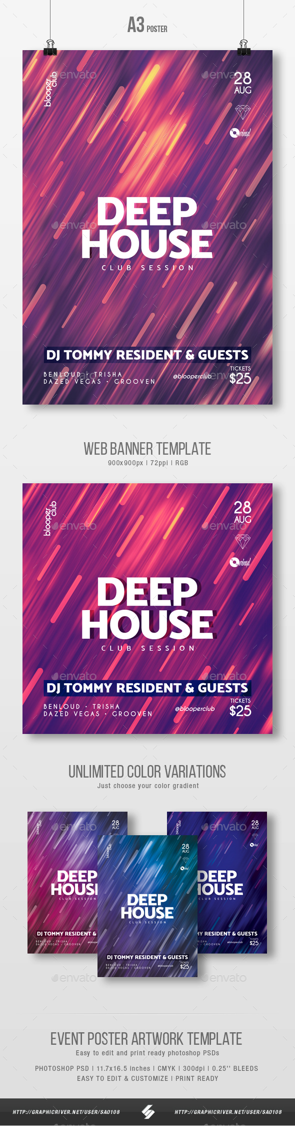 Deep House Session 3 - Party Flyer / Poster Template A3 - Clubs & Parties Events