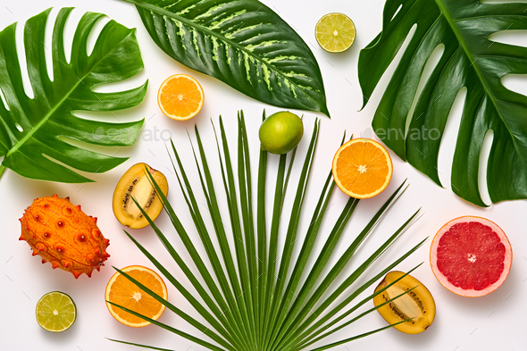 Tropical Palm Leaves and Fresh Fruits. Summer Set Stock Photo by 918Evgenij