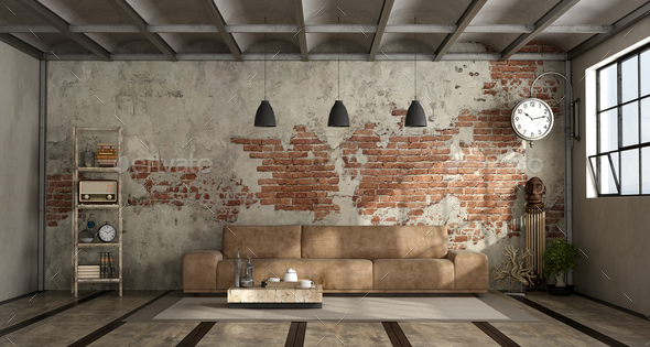 Living Room In Industrial Style Stock, Industrial Style Leather Sofa