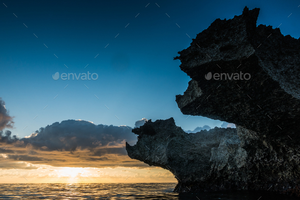 Big volcanic rocks in sunset lights in San-Andres island, Caribb - Stock Photo - Images