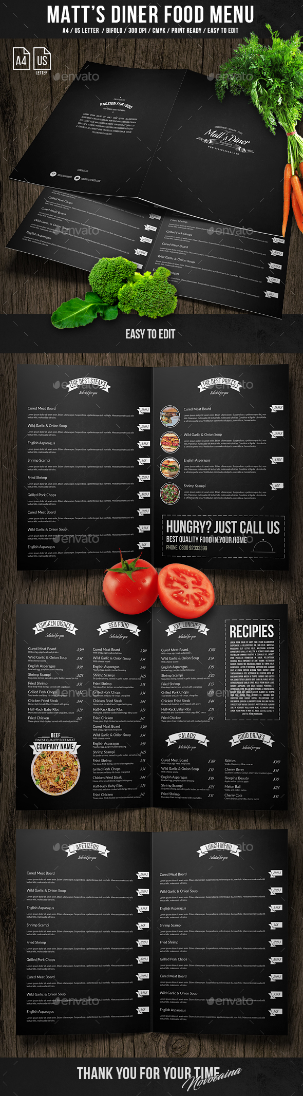 Matt's Diner Bifold Menu A4 and US Letter - Food Menus Print Templates