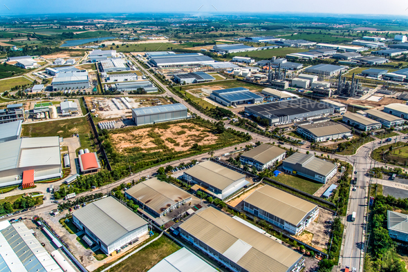 Industrial estate land development aerial view Stock Photo by praethip