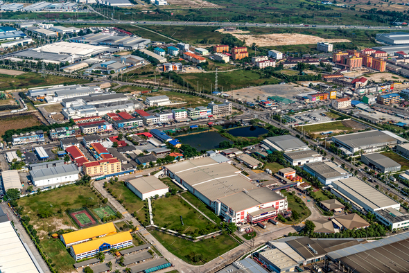 Industrial estate and residential area aerial view Stock Photo by praethip