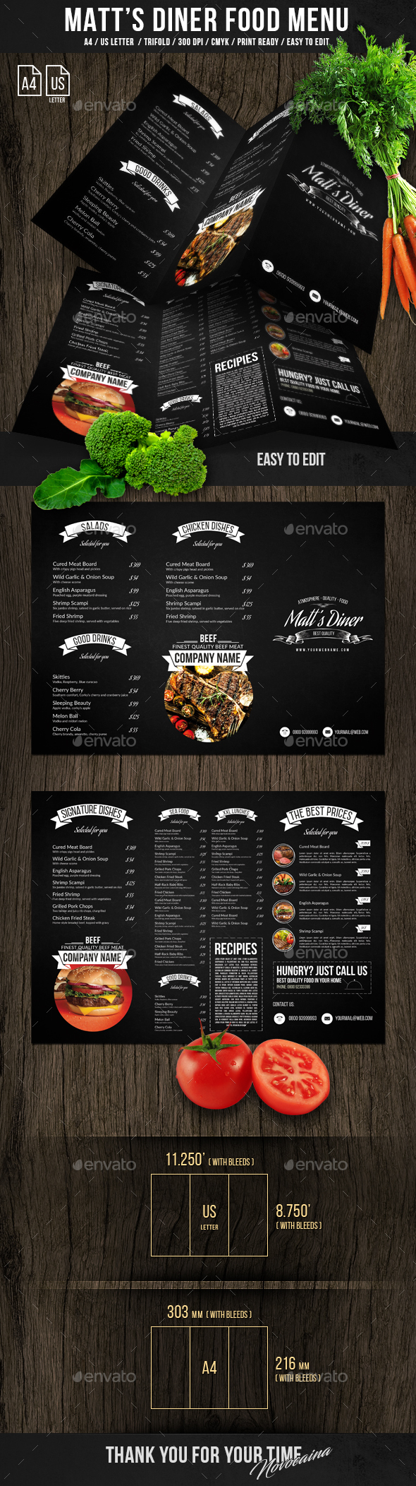 Matt's Diner Trifold A4 and US Letter Menu - Food Menus Print Templates