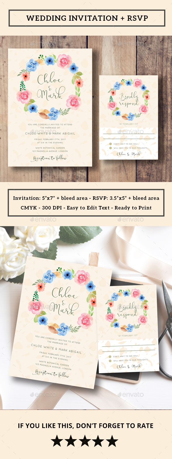 Floral Wreath Wedding Invitation + RSVP - Weddings Cards & Invites