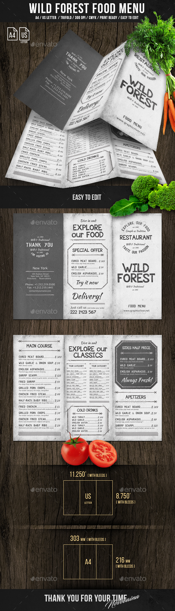 Wild Forest Trifold A4 & US Letter Menu - Food Menus Print Templates