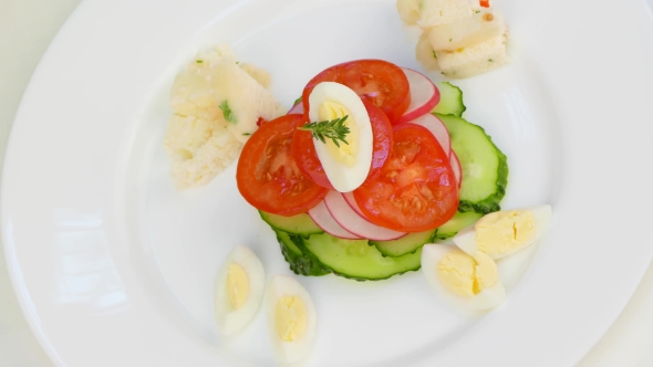 Decorate a Salad of Vegetables with Quail Eggs