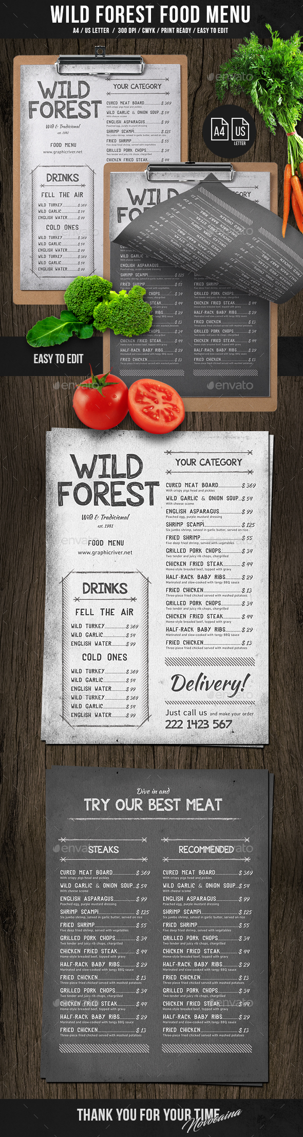 Wild Forest Single Page A4 & US Letter Menu - Food Menus Print Templates