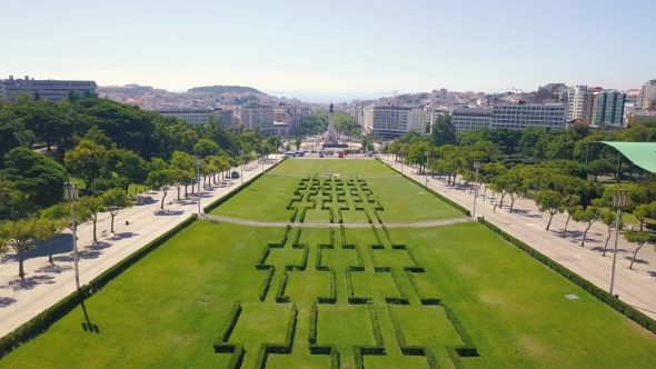 Aerial Cityscape of Eduardo VII Park and Marques De Pombal Square in Lisbon