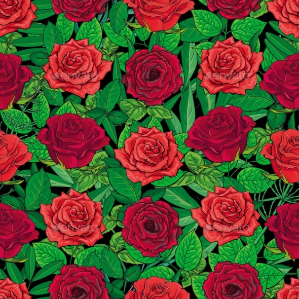 Seamless Pattern of Red Roses and Leaves on Black - Flowers & Plants Nature