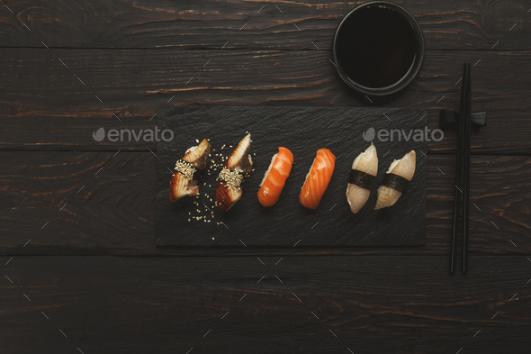 Japanese Sushi Set Top View Flat Lay Copy Space Stock Photo by