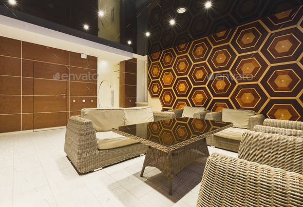 Modern Hotel Lobby With Wicker Furniture Stock Photo By Prostock Studio Modern Hotel Lobby With Wicker, Modern Lobby Furniture