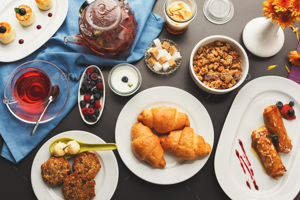 Restaurant breakfast with various sweet treats - Stock Photo - Images