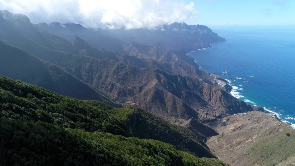 Flight Over Beautiful Mountains Near Ocean Shore