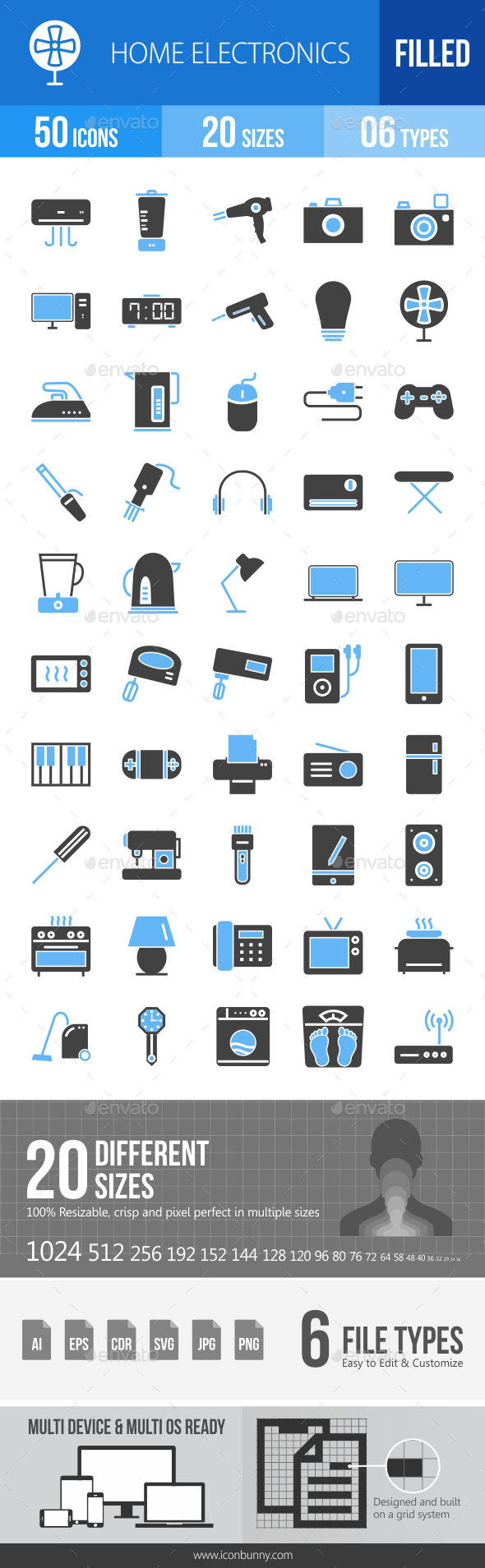 50 Home Electronics Filled Blue & Black Icons - Icons