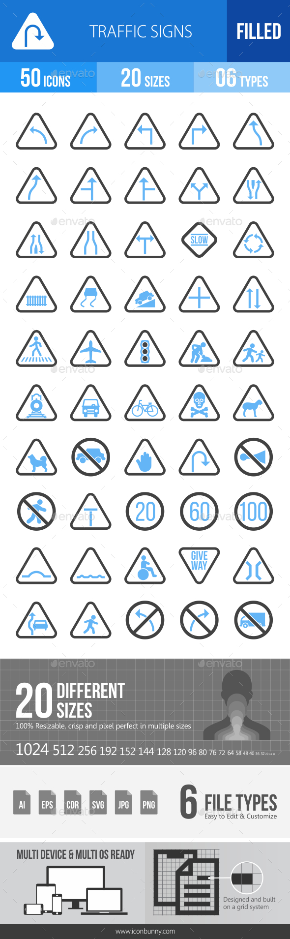 50 Traffic Signs Filled Blue & Black Icons - Icons