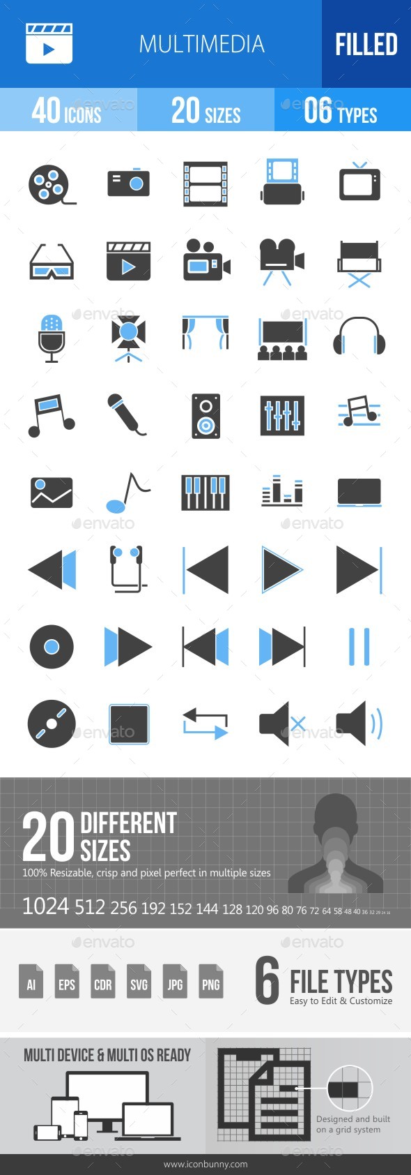 40 Multimedia Filled Blue & Black Icons - Icons