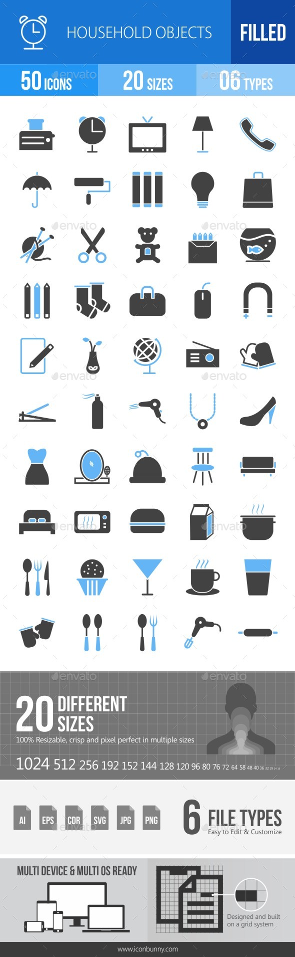 50 Household Objects Filled Blue & Black Icons - Icons