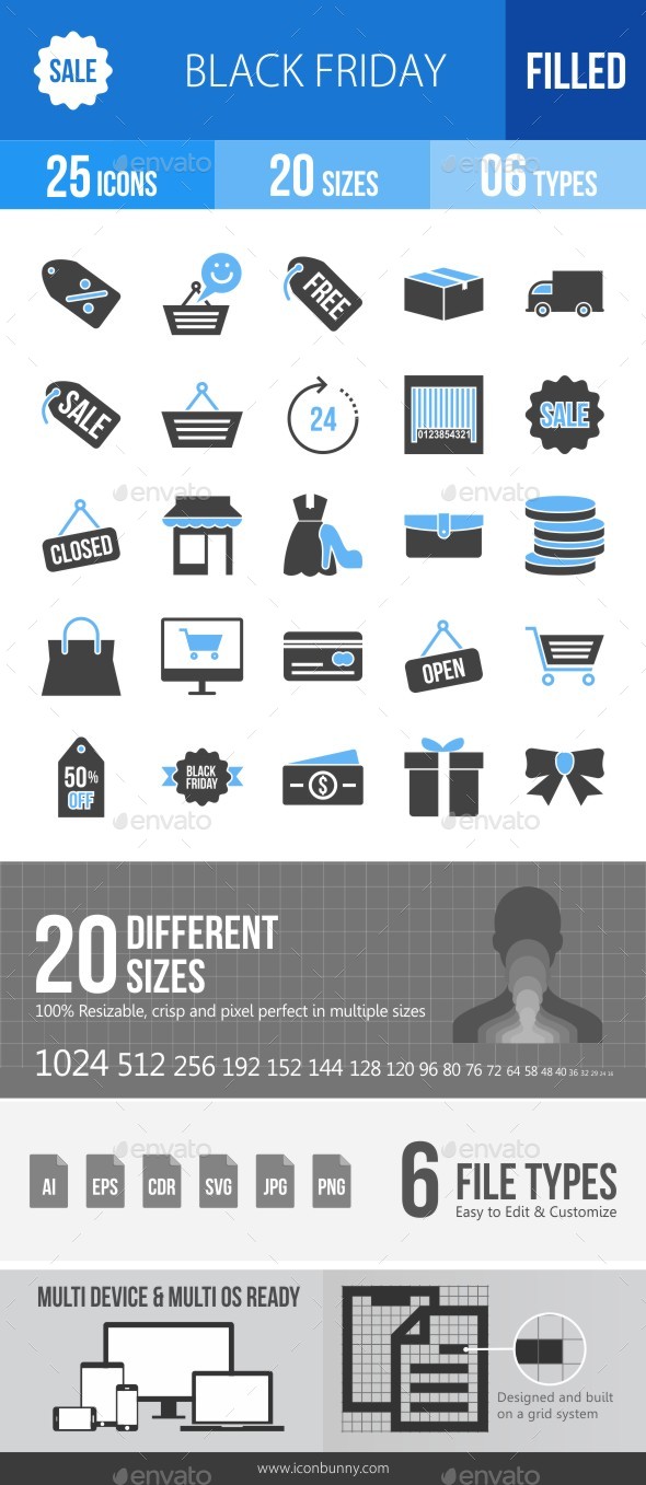 25 Black Friday Filled Blue & Balck Icons - Icons