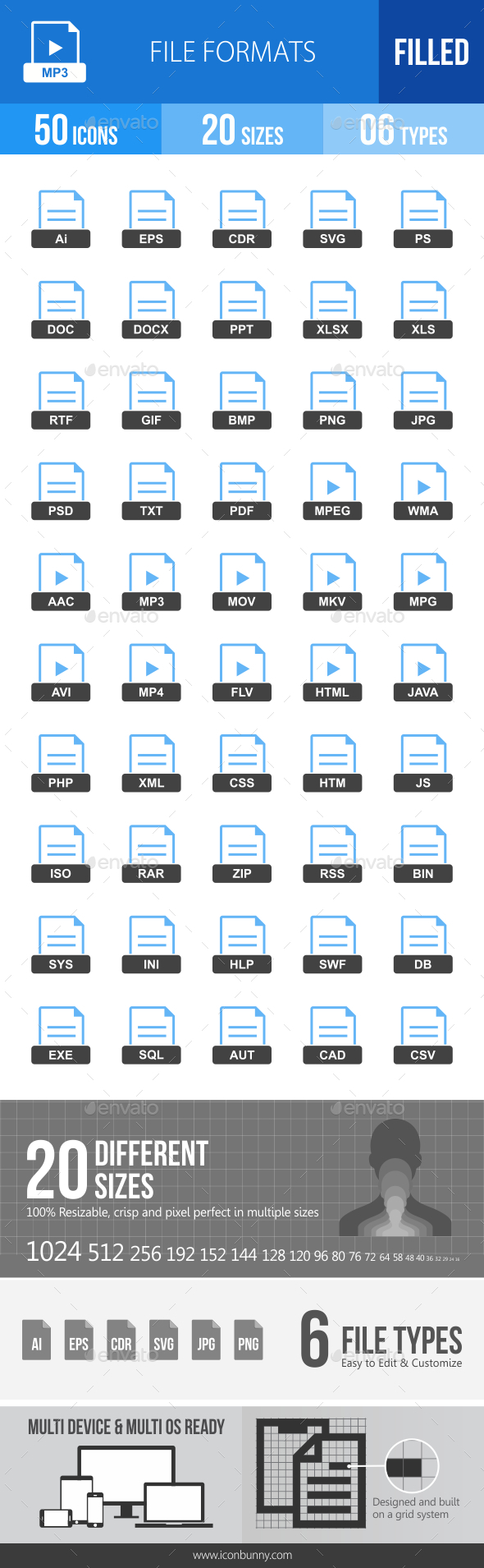 50 File Formats Filled Blue & Black Icons - Icons