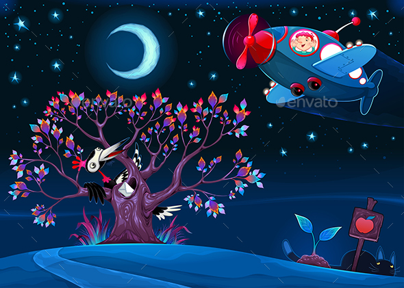 The Woodpecker is Saying Hello to the Airplane in the Night - Animals Characters