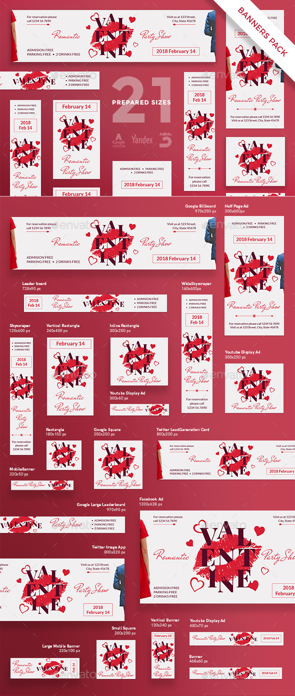 Valentine's Day Party Banner Pack - Banners & Ads Web Elements