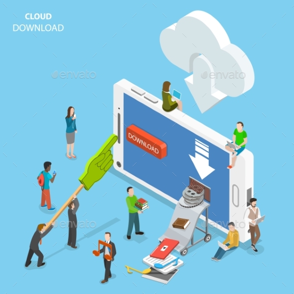 Cloud Download Flat Isometric Vector Concept - Computers Technology