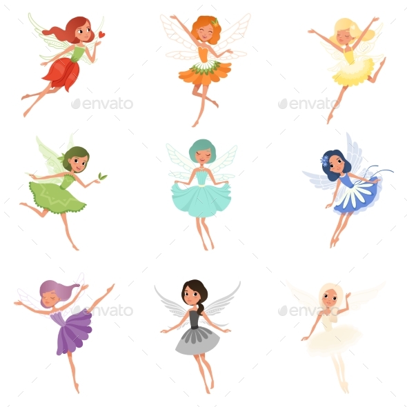 Colorful Set of Fairies in Flying Action - People Characters