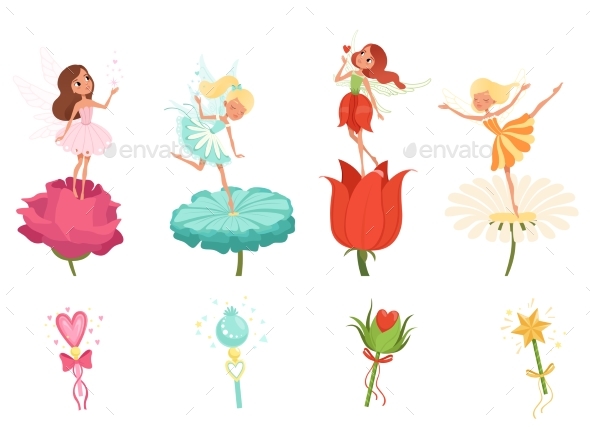 Set of Fairies Hovering Over Flowers - People Characters