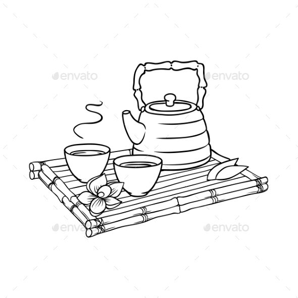 Asian Teapot and Teacups on Bamboo Trivet - Food Objects