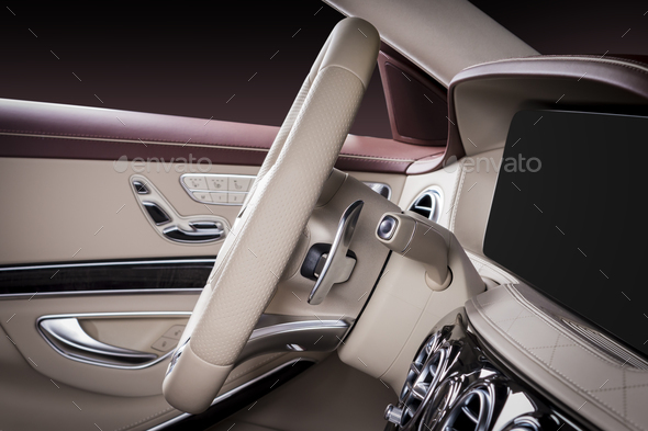 Car dashboard, modern luxury interior, steering wheel - Stock Photo - Images