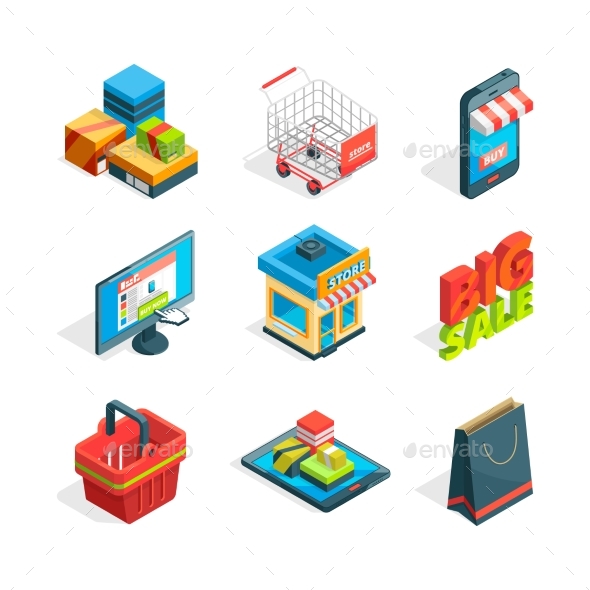 Isometric Icon Set of Online Shopping - Retail Commercial / Shopping