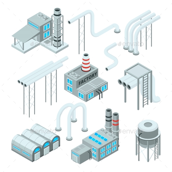 Factory Pipe and Set of Industrial Buildings - Buildings Objects