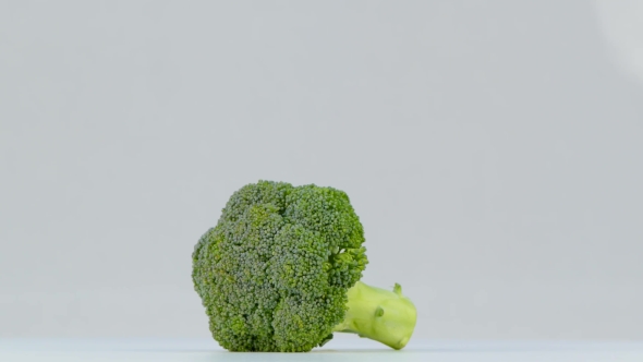 One Head of Broccoli Spinning on White Background