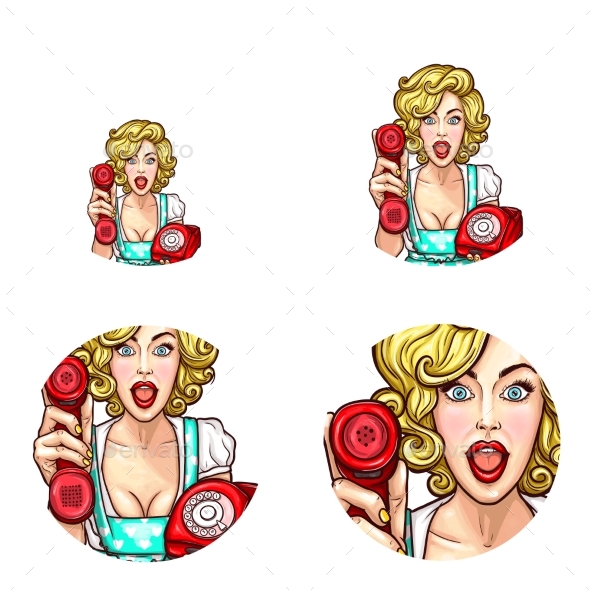 Pop Art Woman or Girl Holding Out Phone Receiver - People Characters