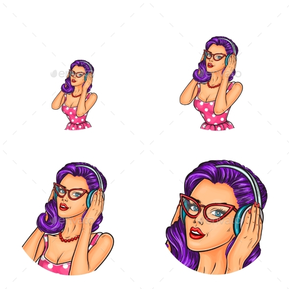 Vector Set of Female Avatars in Pop Art Style - People Characters