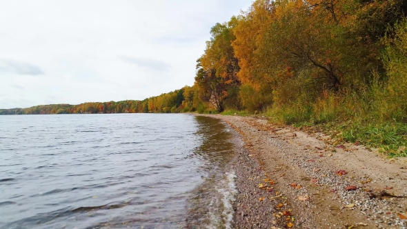 Flight Over Lake and Forest at Autumn