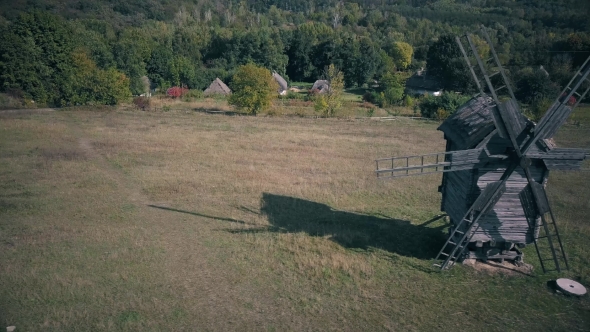 Vintage Ancient Authentic Windmill. Pirogovo Village Near Kiev, Ukraine