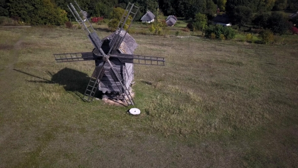 Vintage Ancient Authentic Windmill. Pirogovo Village Near Kiev, Ukraine