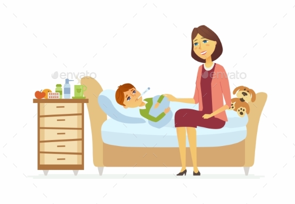 Mother with an Ill Boy - Cartoon People Characters - Health/Medicine Conceptual