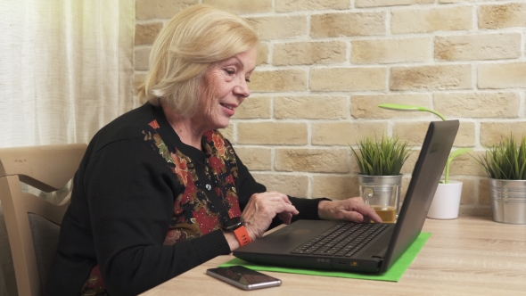 Happy Old Woman Using a Laptop Computer