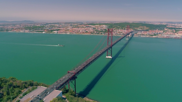Lisbon Portugal Aerial  25 De Abril Bridge Almada on the Left Bank Tejo River