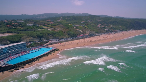 Aerial view of Praia Grande beach at sunrise, near Armacao de Pera, Algarve alt