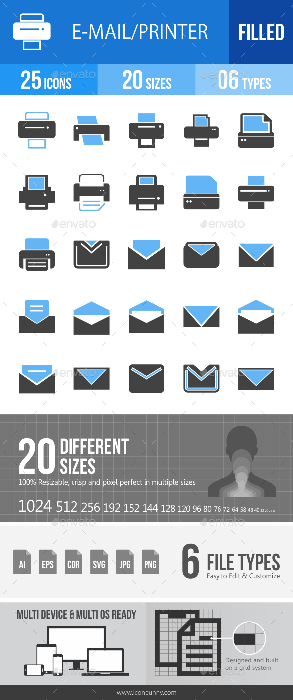 26 Email & Printer Filled Blue & Black Icons - Icons