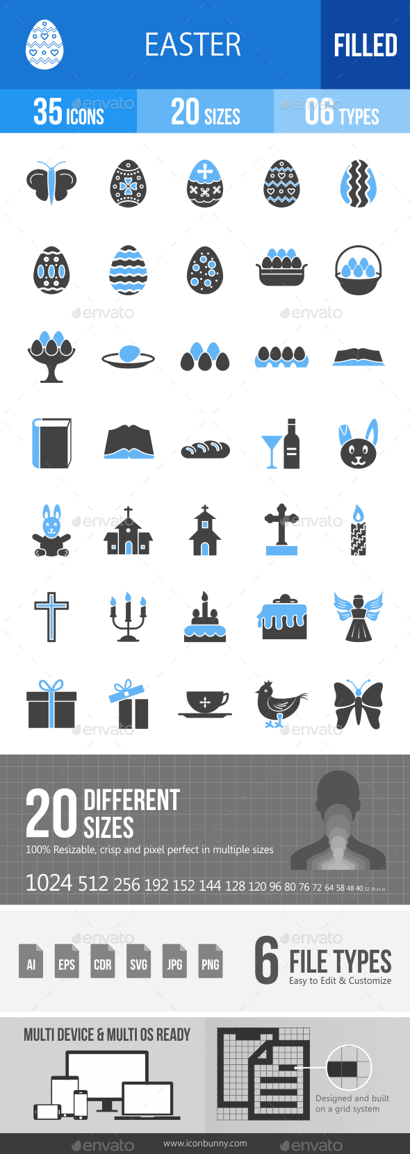 35 Easter Filled Blue & Black Icons - Icons