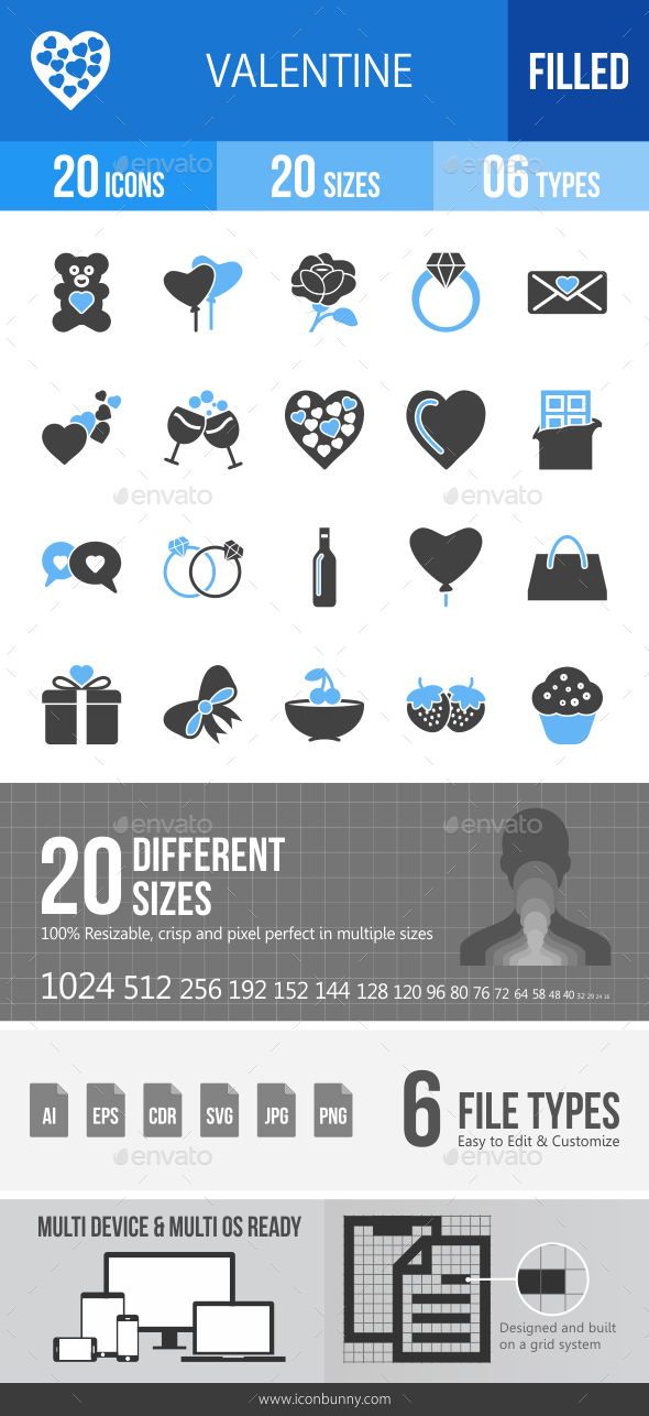 20 Valentine Filled Blue & Black Icons - Icons