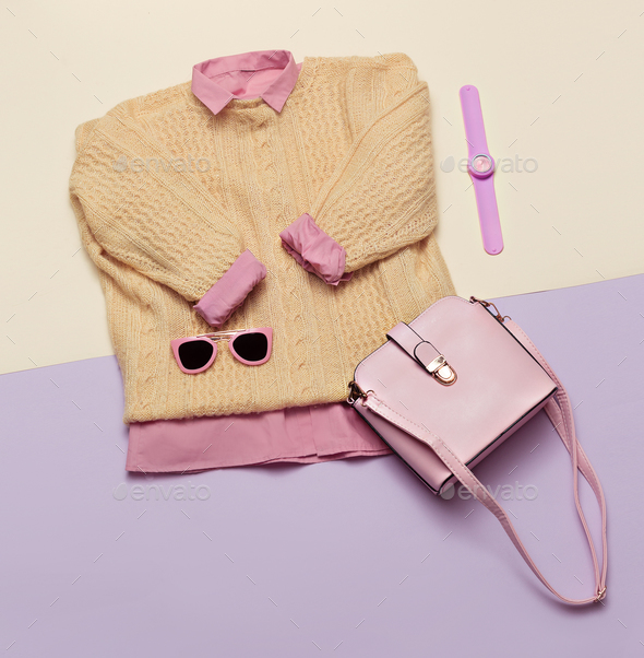 Stylish female clothes set. Woman/girl outfit on stylish backgro - Stock Photo - Images