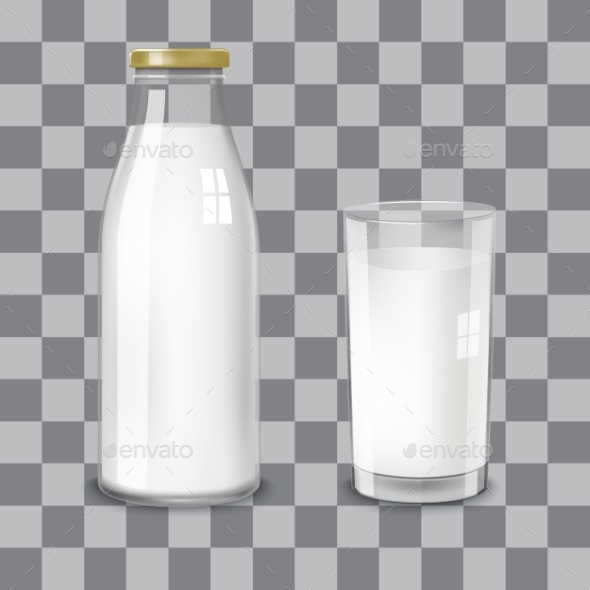 Transparent Glass Bottle and a Glass of Milk - Food Objects